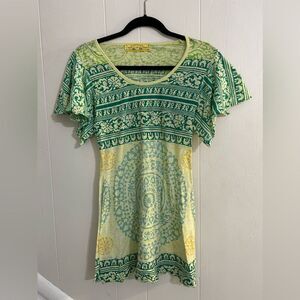 Free People Boho Top Green Yellow Mandala Paisley Hippie Vintage Y2K Sz Small